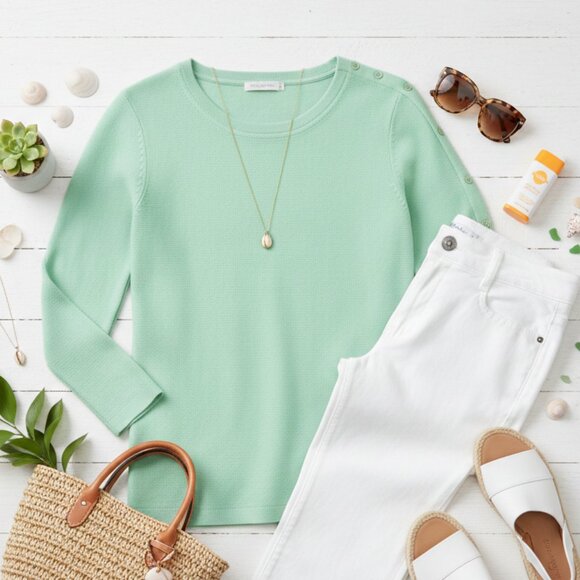 Talbots Sweaters - NWT Talbots Petite Mint Green Button-Sleeve Sweater - Size Large Petite (PL)